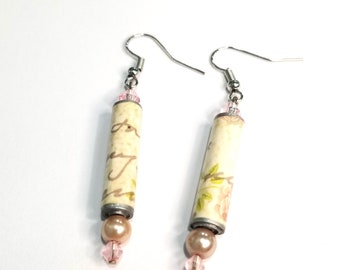French Pink Rose Paper Bead Dangle Earrings - Gift of Jewelry for Girls