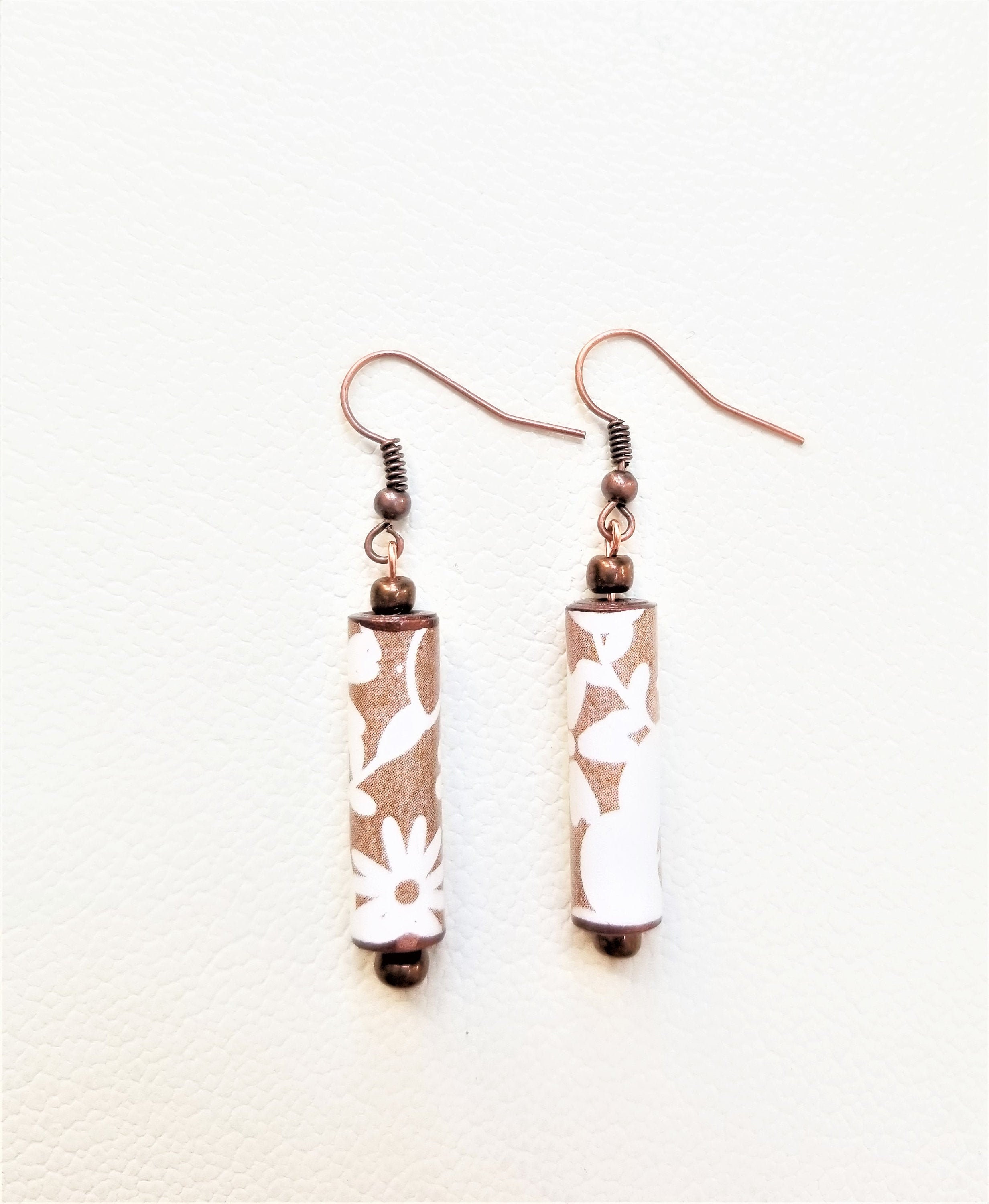 Floral Motif Paper Bead Dangle Earrings for Girls - Beige and White Earrings - Paper Jewelry