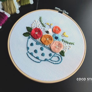 Hand Embroidery PDF Pattern For Beginner-Teacup Blossom