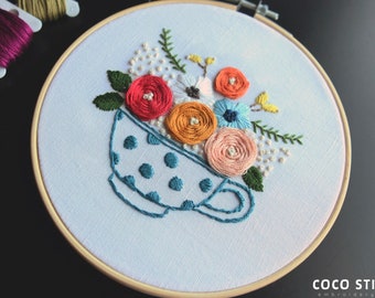 Hand Embroidery PDF Pattern For Beginner-Teacup Blossom