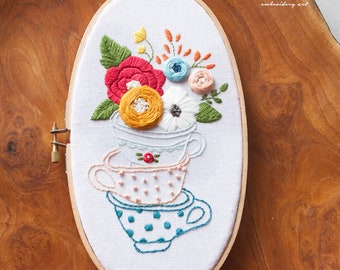 5”X 9" Tea Cup Oval Shape Hand Embroidery PDF Pattern