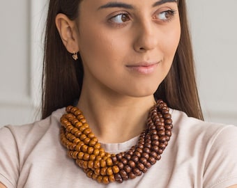 Brown wooden necklaces for women boho. Multi strand beaded necklace dark brown and light brown color. Boho tan coloured statement necklace.