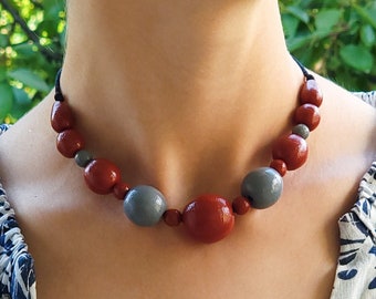 Boho beaded necklace, minimalist choker made of small and chunky wooden beads. Terracotta and gray short necklace for women .