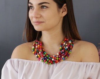 Colorful necklace for women. Statement necklace for woman colorful. Wooden layered beaded necklace. Boho Multi-strand necklace multicolor
