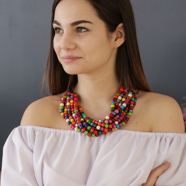 Colorful necklace for women. Statement necklace for woman colorful. Wooden layered beaded necklace. Boho Multi-strand necklace multicolor