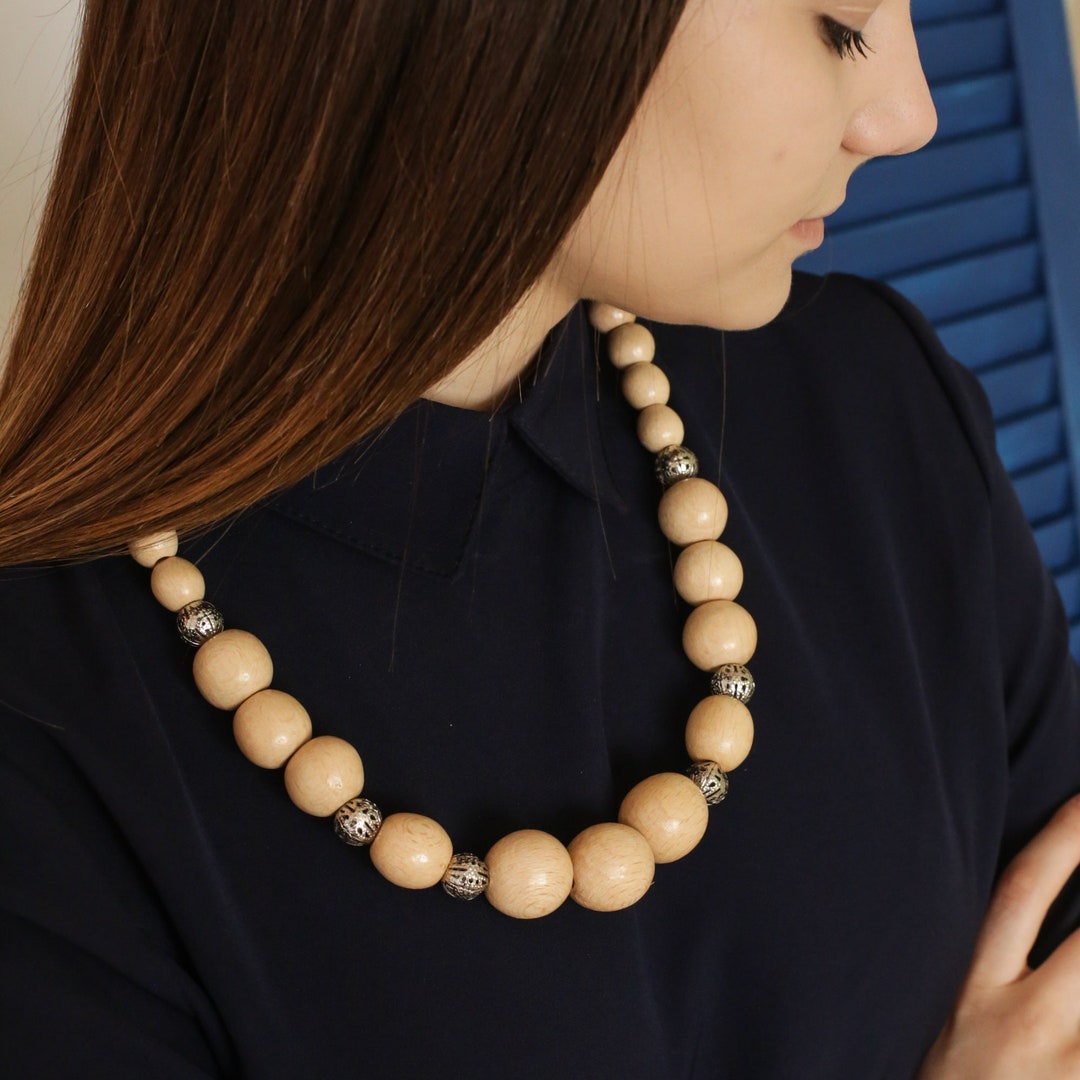 Long Chunky Wooden Necklace for Women Etsy