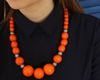 Orange chunky bib minimalist wooden necklace. For St Patrick's Day necklace