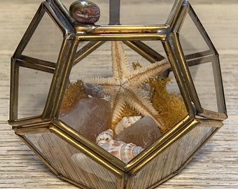 Citrine Crystal Glass Terrarium - Small Geometric Shape Box - Fairy Garden Beach Theme