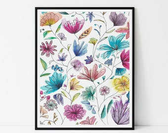 Colourful Abstract Flowers Watercolour Art Print, Floral Painting, Modern Floral Wall Art, Living Room, Bedroom, Girl's Room, Wall Art Gift
