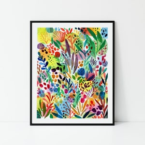 Watercolour Garden Flowers Art Print, Floral Botanical Wall Art, Abstract leaves, Colourful Gallery Wall Art, Nature Art, Nursery Girls Room
