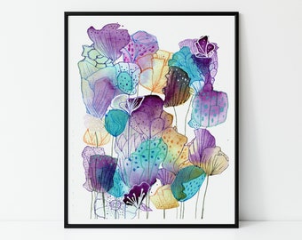 Purple, Turquoise & Yellow Abstract Watercolour Flowers Art Print, Floral Painting, Modern Floral Wall Art, Living Room, Bedroom, Wall Decor