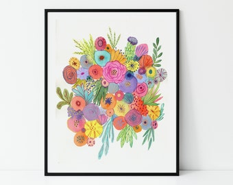 Watercolour Abstract Flowers Bouquet Print, Floral Botanical Wall Art, Abstract leaves, Colourful Gallery Wall Art, Nature Art, kids Room