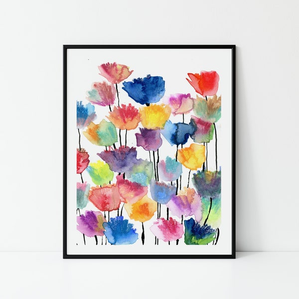 Aquarelle abstraite Fleurs colorées Tirage d’art, Peinture florale, Art mural floral moderne, Salon, Chambre à coucher, Chambre d’enfants, Cadeau d’art mural