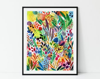 Watercolour Garden Flowers Art Print, Floral Botanical Wall Art, Abstract leaves, Colourful Gallery Wall Art, Nature Art, Nursery Girls Room
