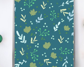 printable watercolor paint green leaves pattern wall art