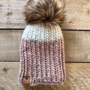 Handmade Pink Merino Wool Knit Beanie: Faux Fur Pom Pom