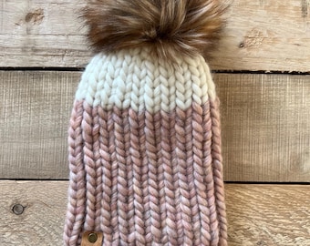 Handmade Pink and White Peruvian Wool Knit Beanie with Faux Fur Pom
