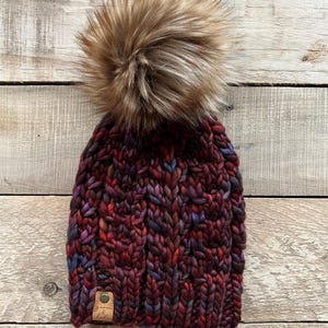 Handmade Red Multicolor Merino Wool Knit Beanie with Faux Fur Pom