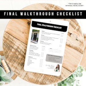 May include: A printable checklist for a final walkthrough of a property. The checklist includes sections for repairs, general, windows and doors, plumbing, appliances, and notes. The checklist is on a white background with black text and checkboxes. The text "FINAL WALKTHROUGH CHECKLIST" is at the top of the checklist.