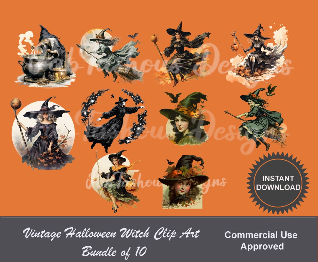 Vintage Halloween Witch Clip Art Bundle of 10, Commercial Use OK, Print