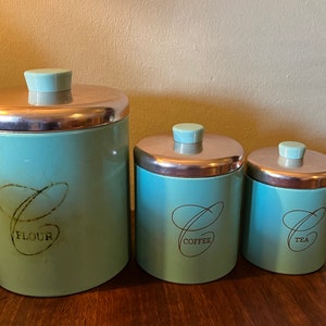 Vintage Ransburg Turquoise Canister Set Three Piece Copper Lid