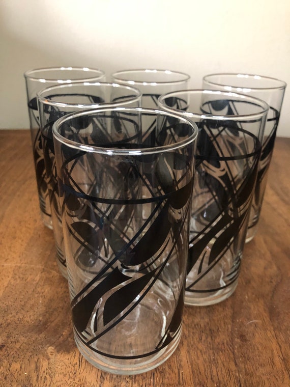 Vintage Drinking Glasses, Libby Glass, Black Design, Art Deco, Set of Six 