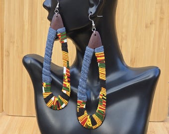 Kente & Denim Upcycled Wood Hoop Earrings