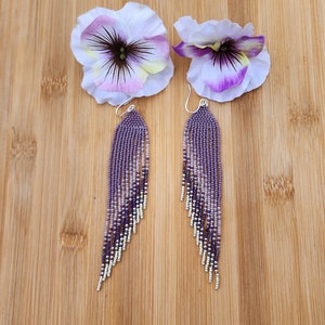 purple long fringe earrings, dangle shoulder duster, fringe earrings, lavender earrings,  feather seed bead earrings, indigenous jewelry