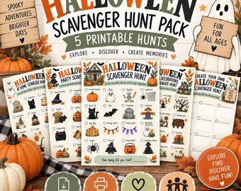 May include: A Halloween scavenger hunt pack featuring five printable sheets with various spooky illustrations like ghosts, pumpkins, and skeletons. The text includes Halloween Scavenger Hunt Pack, 5 Printable Hunts, and Fun For All Ages.