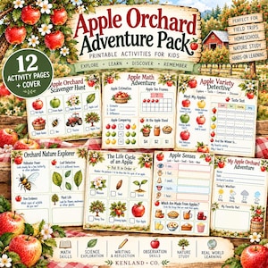 May include: A printable Apple Orchard Adventure Pack for children featuring 12 activity pages and a cover. The pages include an Apple Orchard Scavenger Hunt, Apple Math Adventure, Apple Variety Detective, Orchard Nature Explorer, Life Cycle of an Apple, Apple Senses, and My Apple Orchard Adventure. The design features illustrations of apples, bees, and orchard scenes.