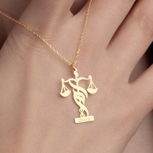 14K Real Solid Gold Law Scales Of Justice Name Necklace, Lawyer Gift, Justice Pendant, Graduation Gift For Her, 14K Personalized Jewelry
