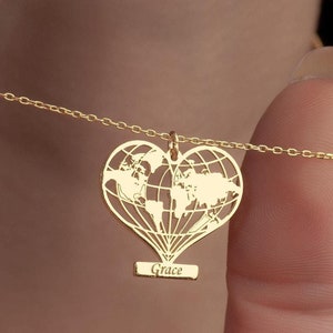 14K Solid Gold Erde Halskette, personalisierte Herz Welt Anhänger, Globus Schmuck, Fernweh Geschenk, Karte Halskette, Planet Schmuck, Geschenk für Mama