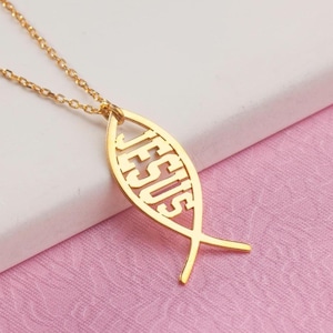 Personalized Jesus Fish Necklace, Custom Christian Jewelry, Religious Pendant, Gift For Her, Baptism Gift, Ichthus Necklace, Cross Jewelry