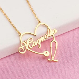 Colar de estetoscópio personalizado, joias de médico, presente de enfermeira, pingente médico personalizado de 14K, pingente de caduceu, presente de agradecimento, presente de enfermeira para ela