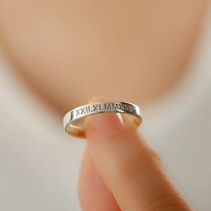 Bague en argent sterling à chiffres romains personnalisés, date personnalisée