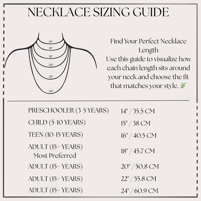 Puede incluir: Gu&iacute;a de tallas de collares con ilustraciones de longitudes de cadena. Incluye medidas de 35.5 cm a 60.9 cm para ni&ntilde;os y adultos. La gu&iacute;a ayuda a visualizar c&oacute;mo cada longitud de cadena se adapta al cuello.