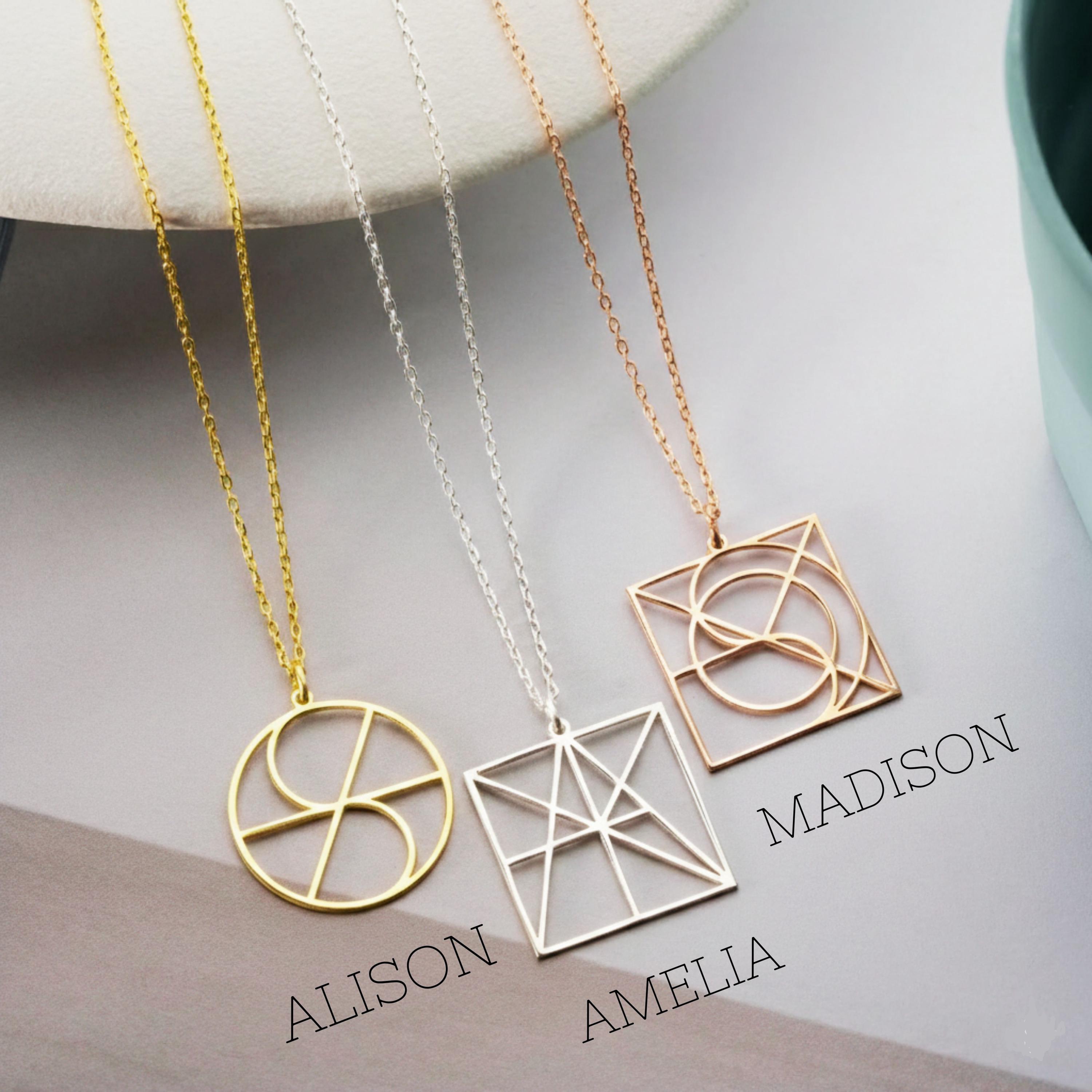 Geometric Logo Necklace, 925 Sterling Silver Minimalist Pendant, Sacred Geometry Jewelry, Architectural Square Circle Charm, Gift for Her