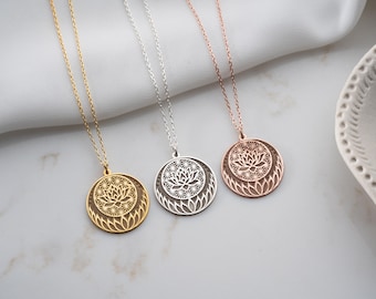 Personalized Lotus Flower Necklace, Sterling Silver Boho Pendant