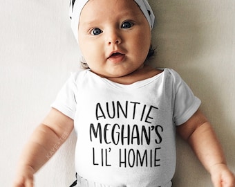 PERSONALIZED Baby Auntie's Lil Homie Bodysuit. Funny Aunt Shirt Baby Shower Gift Add Name Auntie's Little Homie Bodysuit for Babies