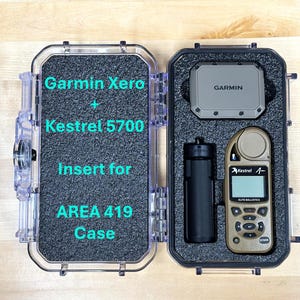 May include: A clear plastic case with black foam inserts for a Garmin Xero and a Kestrel 5700. The case is labeled "Garmin Xero + Kestrel 5700 Insert for AREA 419 Case".