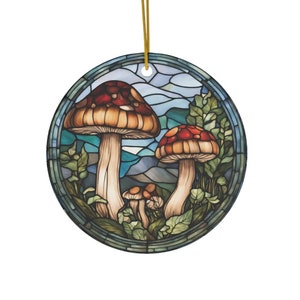 Mushroom Goblincore Aesthetic Stained Glass Style Ornament, Round Ceramic Ornament, Cottagecore Decor, Mushroom Decor, Christmas Gift