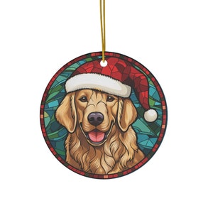 Golden Retriever Ornament, Faux Stained Glass Style Ceramic Ornament, Dog Mom Gift, Puppy Ornament, Gift for Friend, Santa Dog Christmas