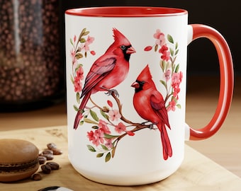 Cardinal Mug Gift For Her Cardinal Lover Mug Ceramic, Two-Tone Coffee Mug 15oz, Cardinal Art Coffee Mug For Mom, Bird Lover Tea Cup Gift