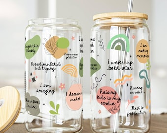 Mom Daily Affimration 16oz Glass Tumbler, New Mom Gift, Mothers Day Gift, Gift for Her, Funny Mom Iced Coffee Cup, Gift for Friend