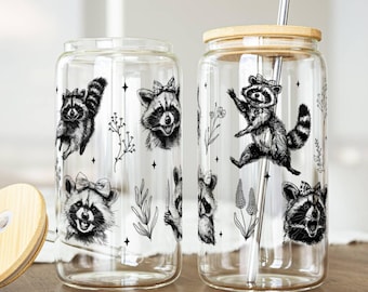 Funny Racoon Iced Coffee Cup, Unhinged Tumbler, Raccoon Gift, 16oz Glass Tumbler, Trashcore Cup, Gift for Friend, Raccoon and Flowers Cup