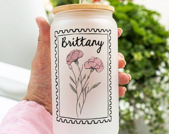 Personalized Birth Flower Glass Cup With Name, Personalized Birth Flower 16oz Tumbler, Bridesmaid Proposal, Gift for Her, Mother's Day Gift