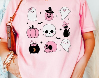 Camisa rosa de Halloween Comfort Colors®, camisas de fantasmas con lazo rosa coquetas, linda remera con gráfico de fantasmas, camisas rosas con vibraciones espeluznantes, linda remera de otoño