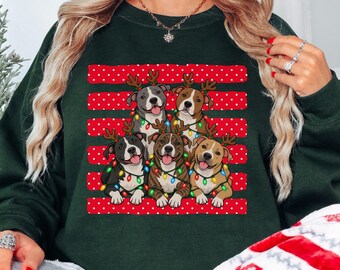 Pitbull Christmas Crewneck Sweatshirt, Dog Lover Christmas Sweatshirt, Holiday Sweatshirt, Festive Dog Mom Pullover Crewneck Top, Merry Xmas