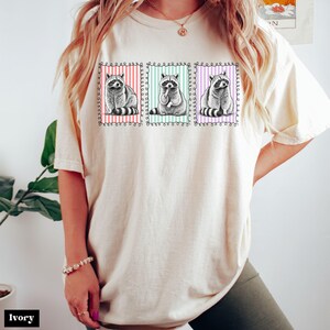 Op de afbeelding: Ivoor kleurig T-shirt met een afbeelding van drie wasberen in kaders met kleurrijke gestreepte achtergronden. De wasberen hebben zwart-wit gestreepte staarten. Het shirt heeft een relaxte pasvorm. Het woord "Ivory" staat onderaan.