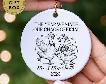Funny Goose Wedding Ornament, Custom First Christmas Married Ornament, Personalized Wedding Keepsake, Christmas Gift For Newlywed